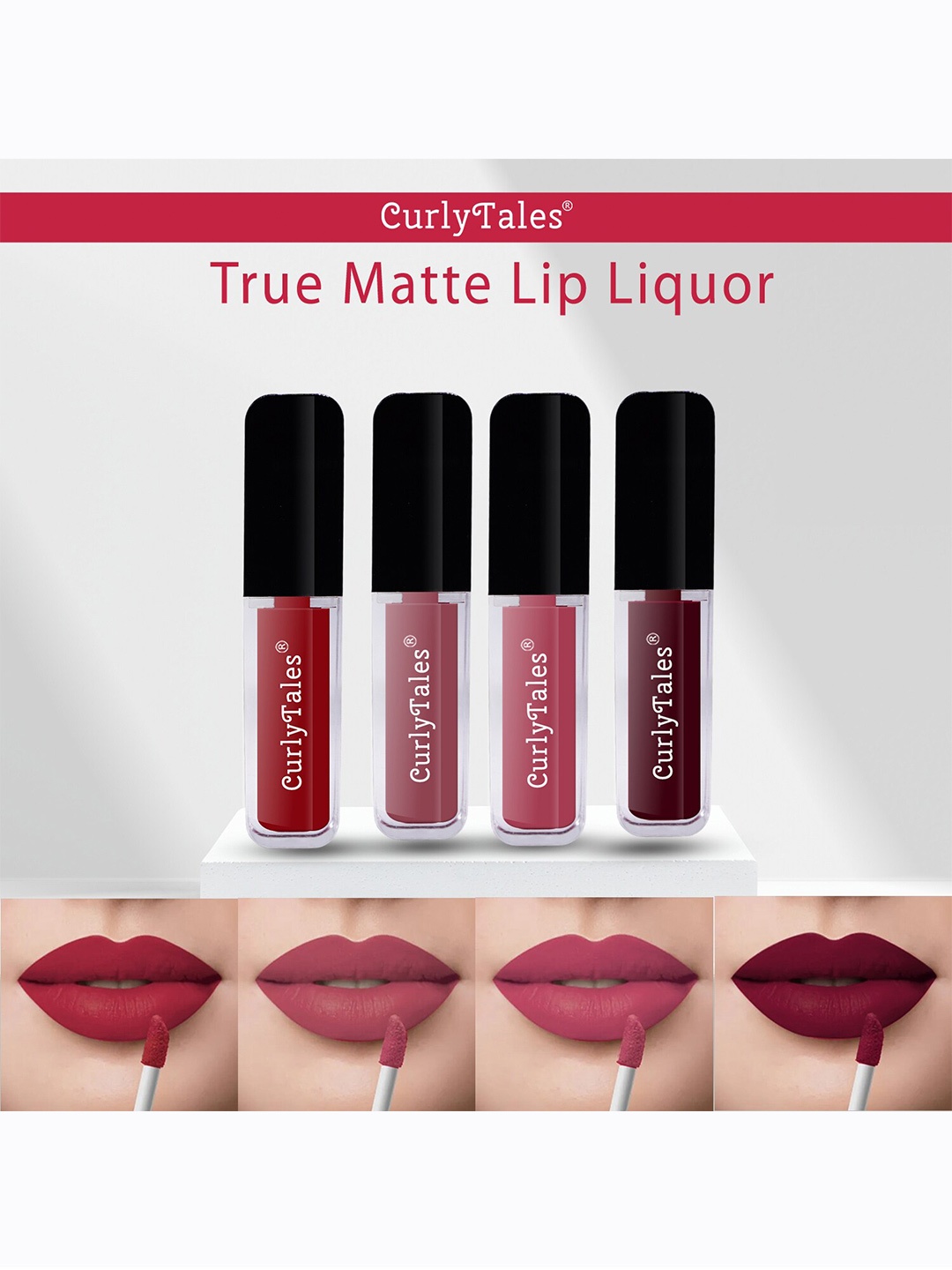 

CurlyTales Set of 4 Lightweight & Waterproof True Matte Liquid Lipsticks 4 ml Each-Red 03 - Nude 09 - Peach 10 - Wine 13