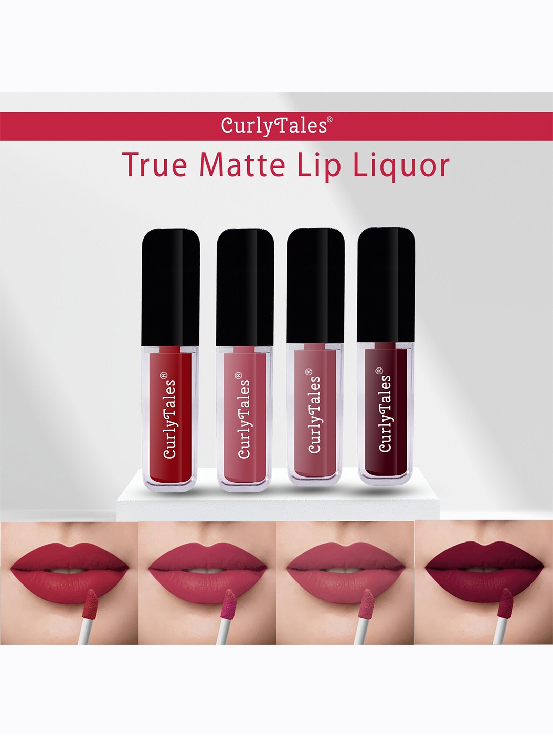 

CurlyTales Set of 4 Lightweight & Waterproof True Matte Liquid Lipsticks 4 ml Each-Red 03 - Pink Nude 08 - Nude 09 - Wine 13