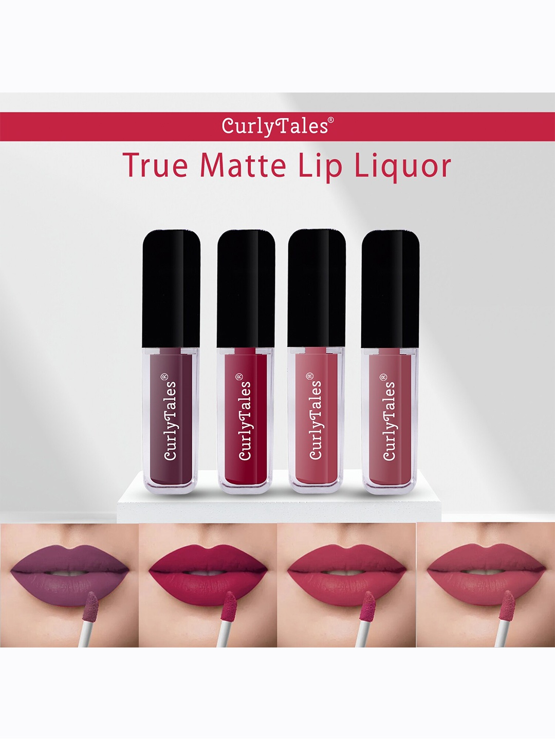 

CurlyTales Set of 4 Lightweight & Waterproof True Matte Liquid Lipsticks 4 ml Each-Purple 01 - Cherry Red 07 - Pink Nude 08 - Nude 09