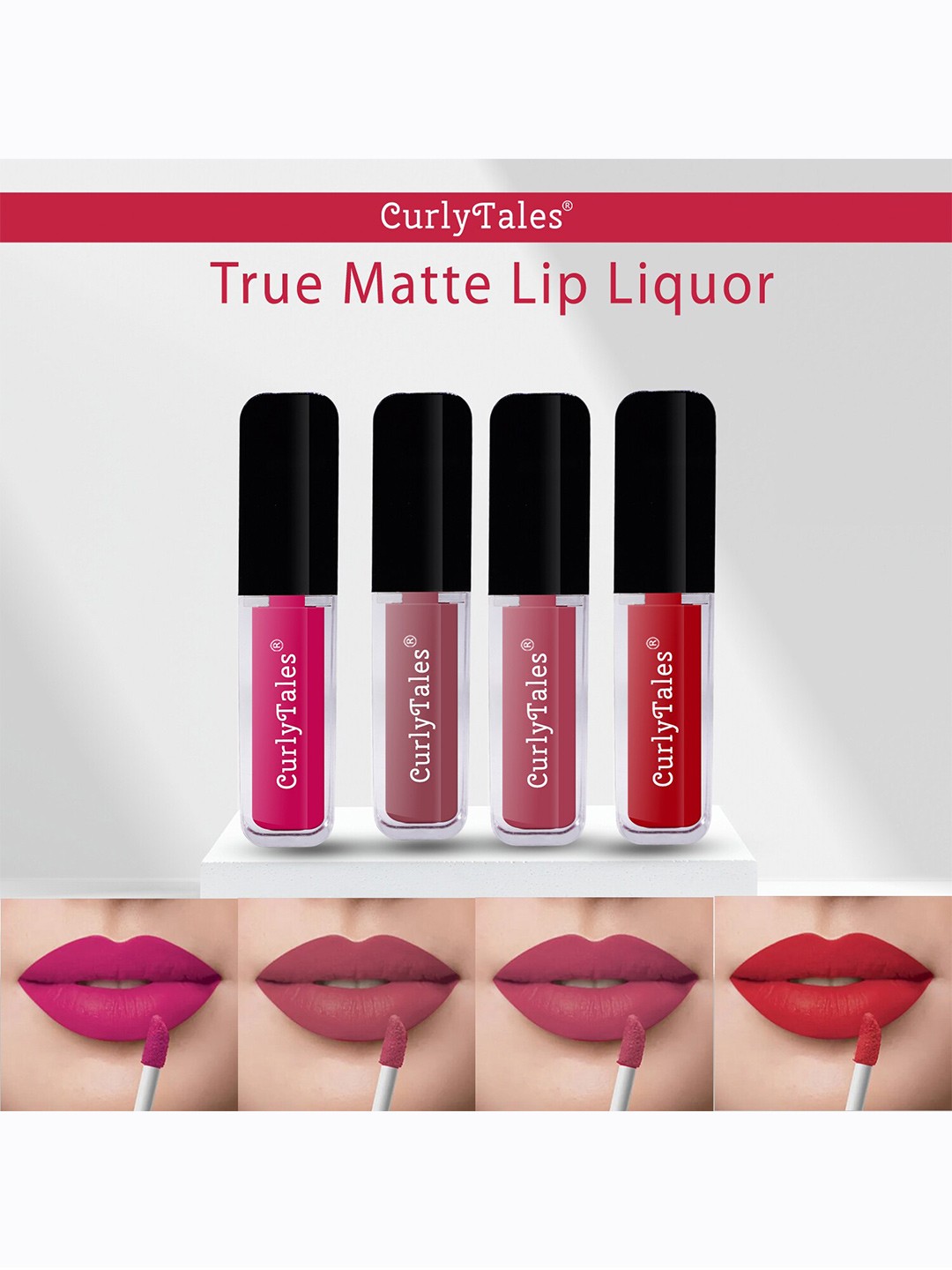 

CurlyTales Set of 4 Lightweight & Waterproof True Matte Liquid Lipsticks 4 ml Each-Magenta Pink 05 - Nude 09 - Peach 10 - Red 11