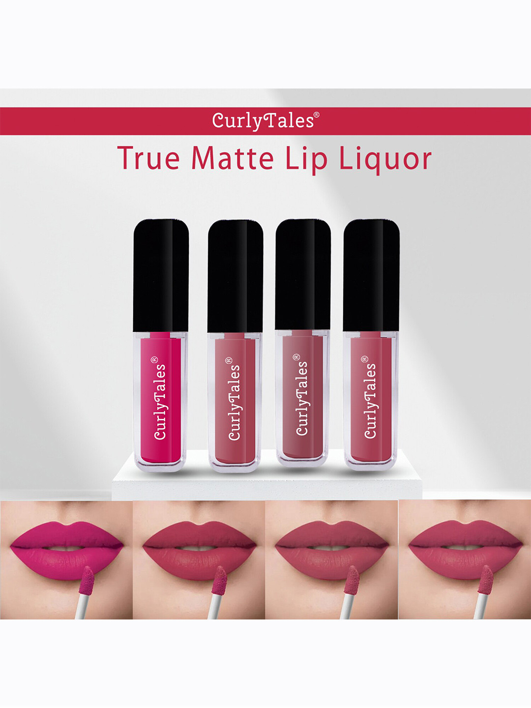 

CurlyTales Set of 4 Lightweight & Waterproof True Matte Liquid Lipsticks 4 ml Each-Magenta Pink 05 - Pink Nude 08 - Nude 09 - Peach 10