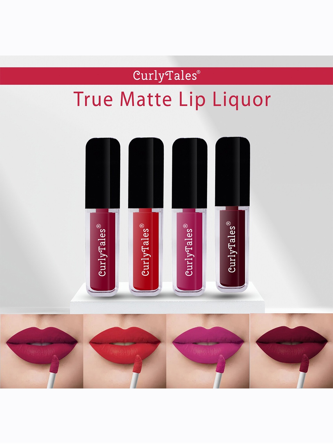 

CurlyTales Set of 4 Lightweight & Waterproof True Matte Liquid Lipsticks 4 ml Each-Cherry Red 07 - Red 11 - Pink 12 - Wine 13