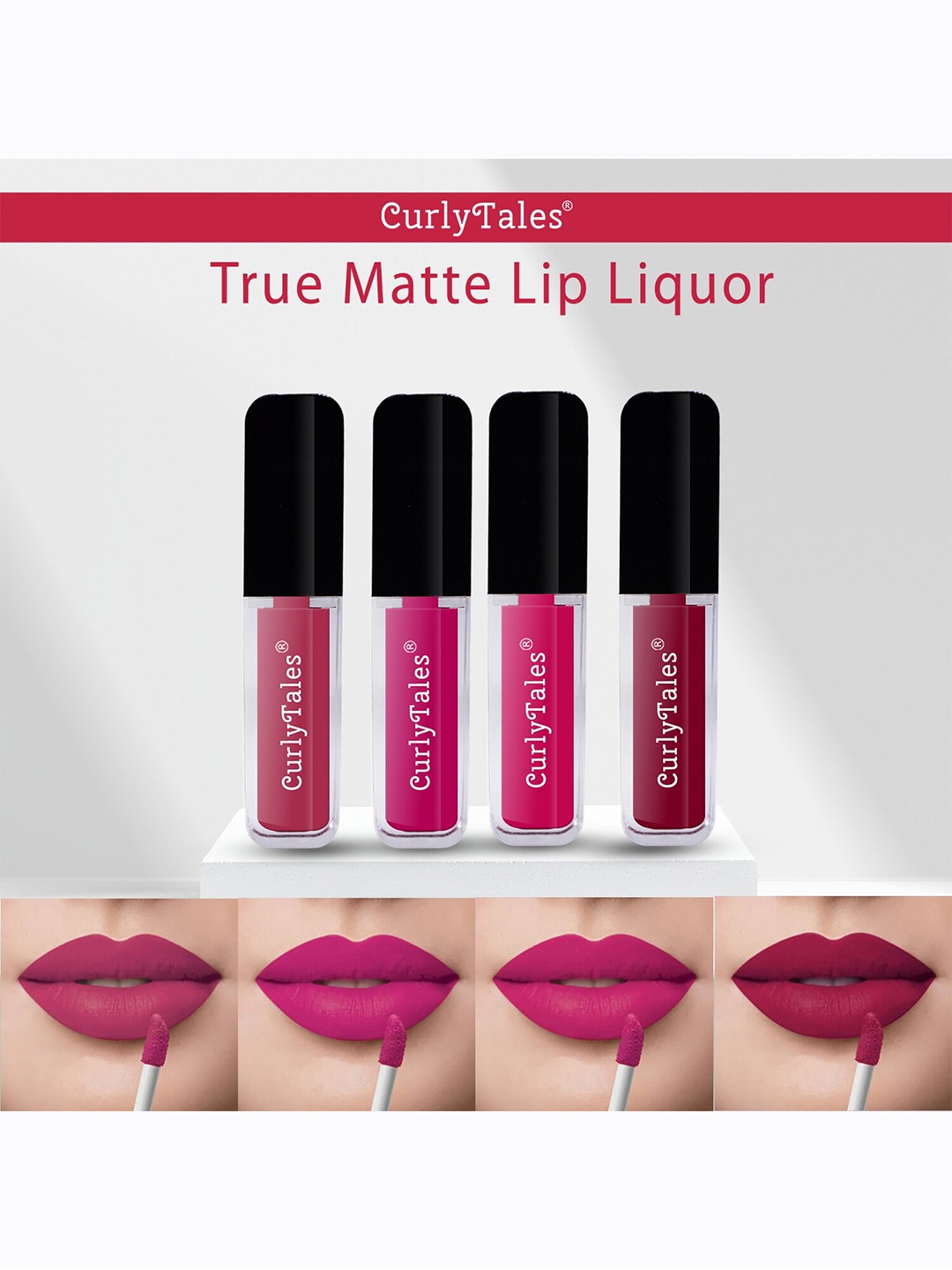 

CurlyTales Set of 4 Lightweight & Waterproof True Matte Liquid Lipsticks 4 ml Each-Peach 02 - Magenta 04 - Magenta Pink 05 - Cherry Red 07