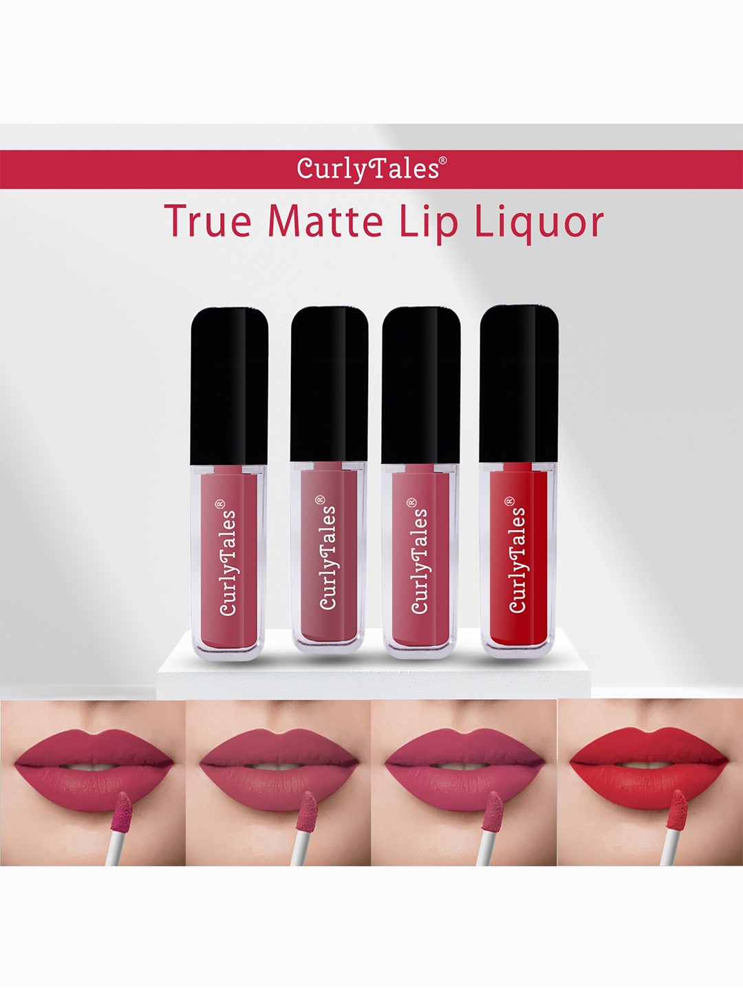 

CurlyTales Set of 4 Lightweight & Waterproof True Matte Liquid Lipsticks 4 ml Each-Pink Nude 08 - Nude 09 - Peach 10 - Red 11