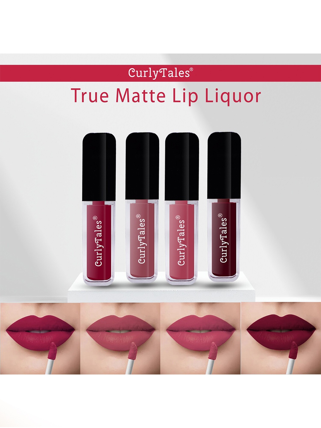 

CurlyTales True Matte Set Of 4 Liquid Lipstick 4ml Each - Cherry Red, Nude, Peach, Wine