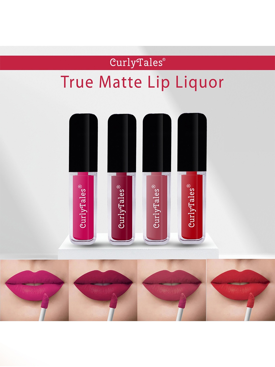 

CurlyTales True Matte Set Of 4 Liquid Lipstick - Magenta, Cherry Red, Pink Nude, Red