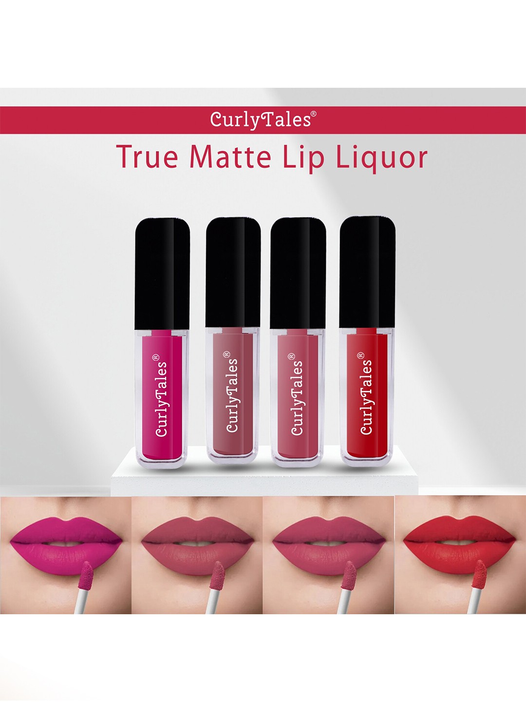 

CurlyTales True Matte Set Of 4 Liquid Lipstick 4ml Each - Magenta, Nude, Peach, Red