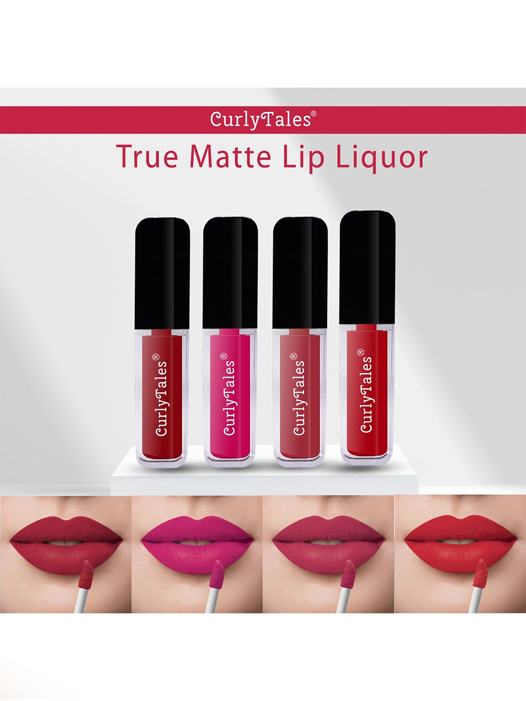 

CurlyTales True Matte Set Of 4 Liquid Lipstick 4ml Each - Red 3&11, Magenta, Brick Red