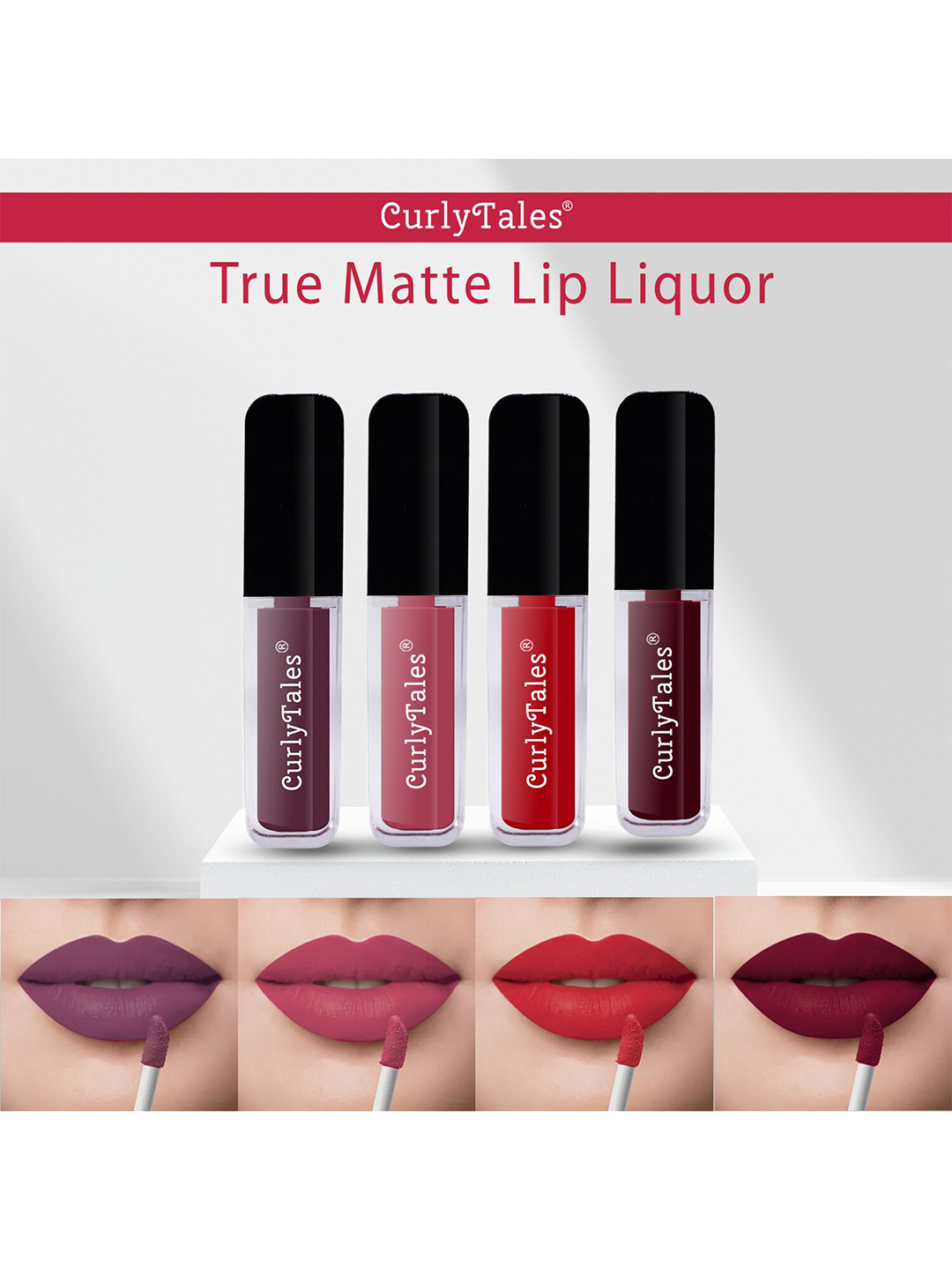 

CurlyTales Set of 4 Lightweight & Waterproof True Matte Liquid Lipsticks 4 ml Each-Light Purple 01 - Peach 10 - Red 11 - Wine 13, Multi