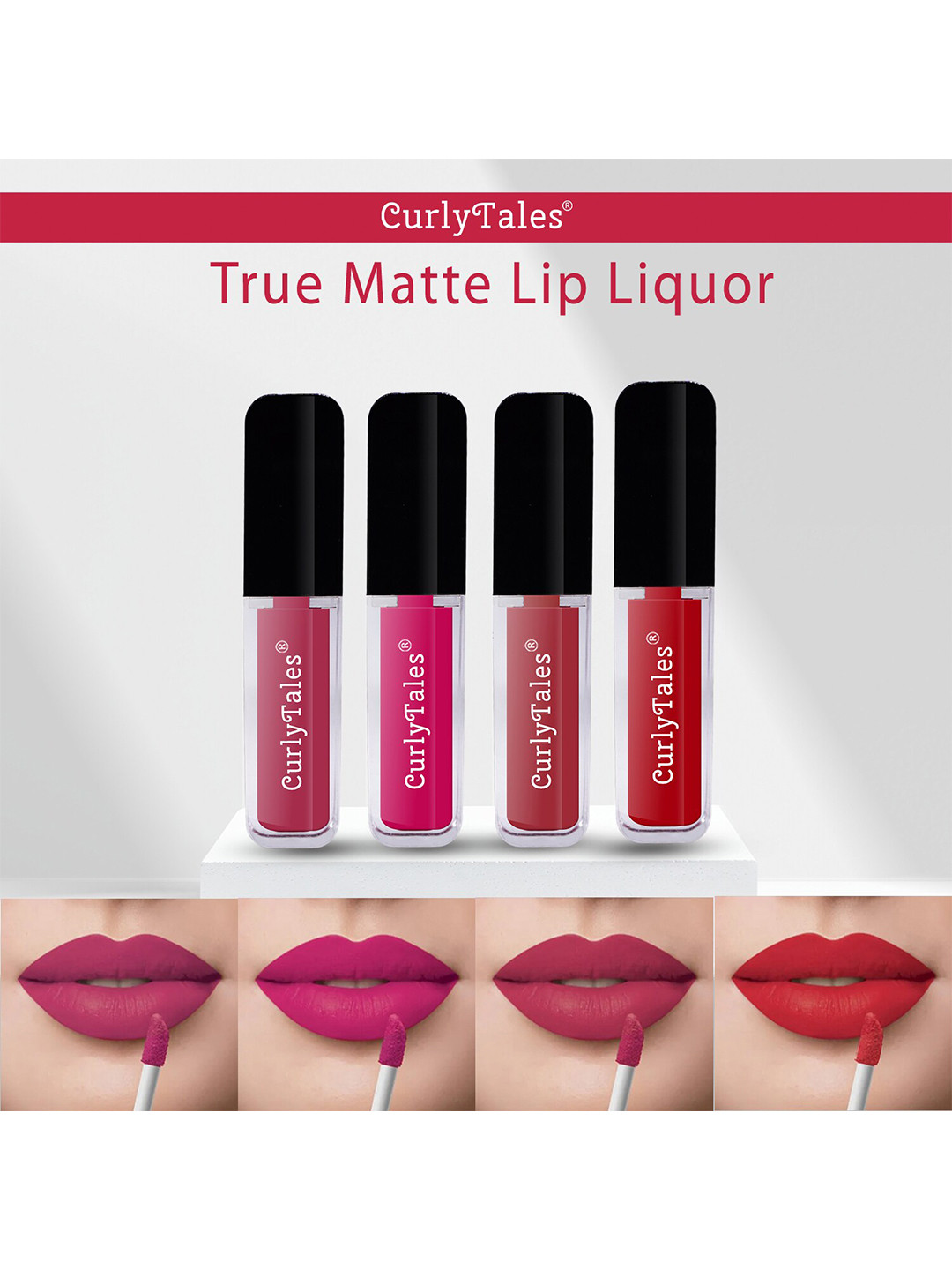 

CurlyTales Set of 4 Lightweight & Waterproof True Matte Liquid Lipsticks 4 ml Each-Peach 02 - Magenta Pink 05 - Brick Red 06 - Red 11, Multi