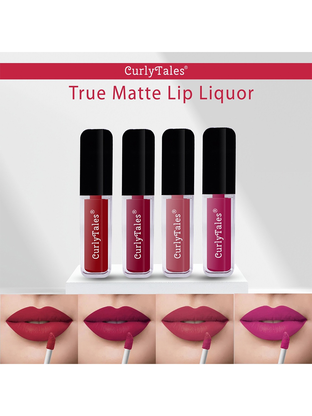 

CurlyTales Set of 4 Lightweight & Waterproof True Matte Liquid Lipsticks 4 ml Each-Red 03 - Cherry Red 07 - Pink Nude 08 - Pink 12, Multi