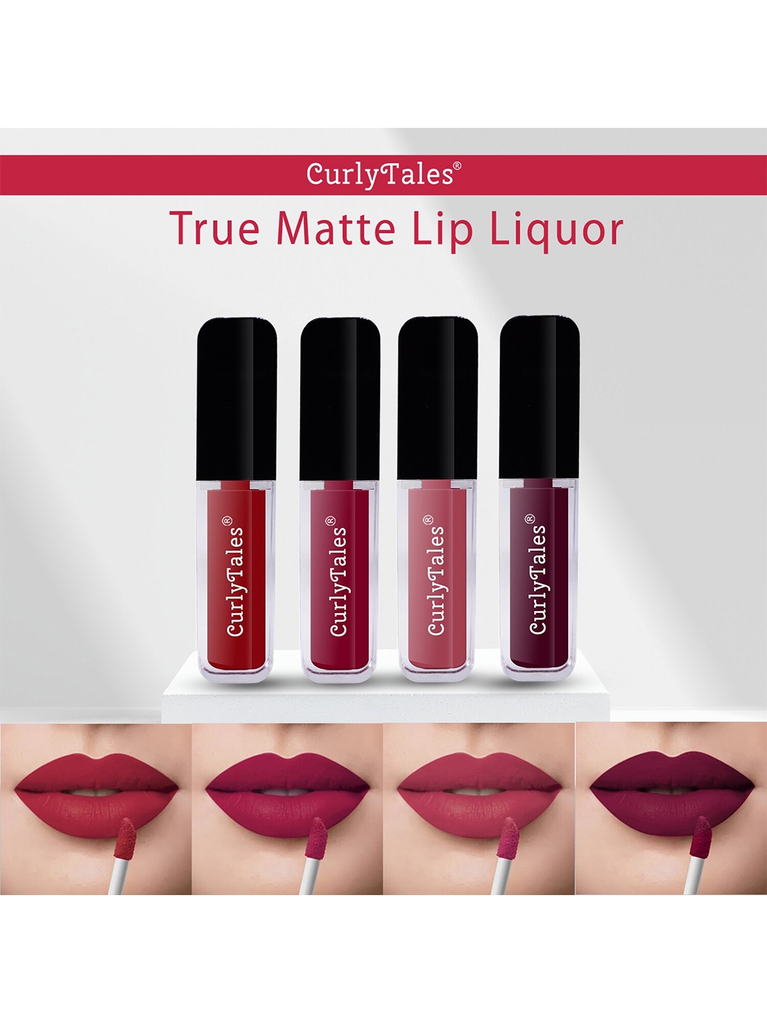 

CurlyTales Set of 4 Lightweight & Waterproof True Matte Liquid Lipsticks 4 ml Each-Red 03 - Cherry Red 07 - Pink Nude 08 - Wine 15, Multi