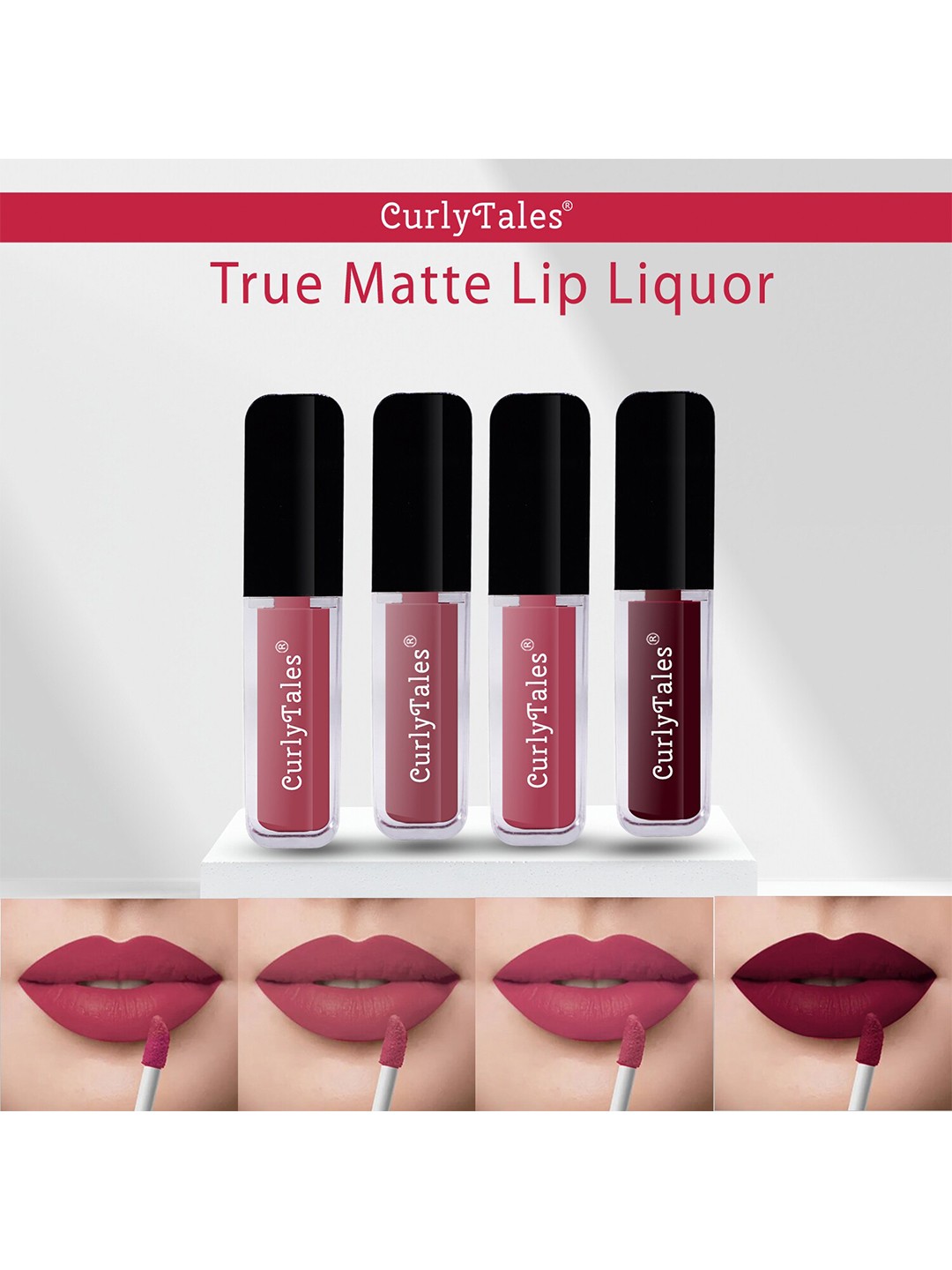

CurlyTales Set of 4 Lightweight & Waterproof True Matte Liquid Lipsticks 4 ml Each-Pink Nude 08 - Nude 09 - Peach 10 - Wine 13, Multi