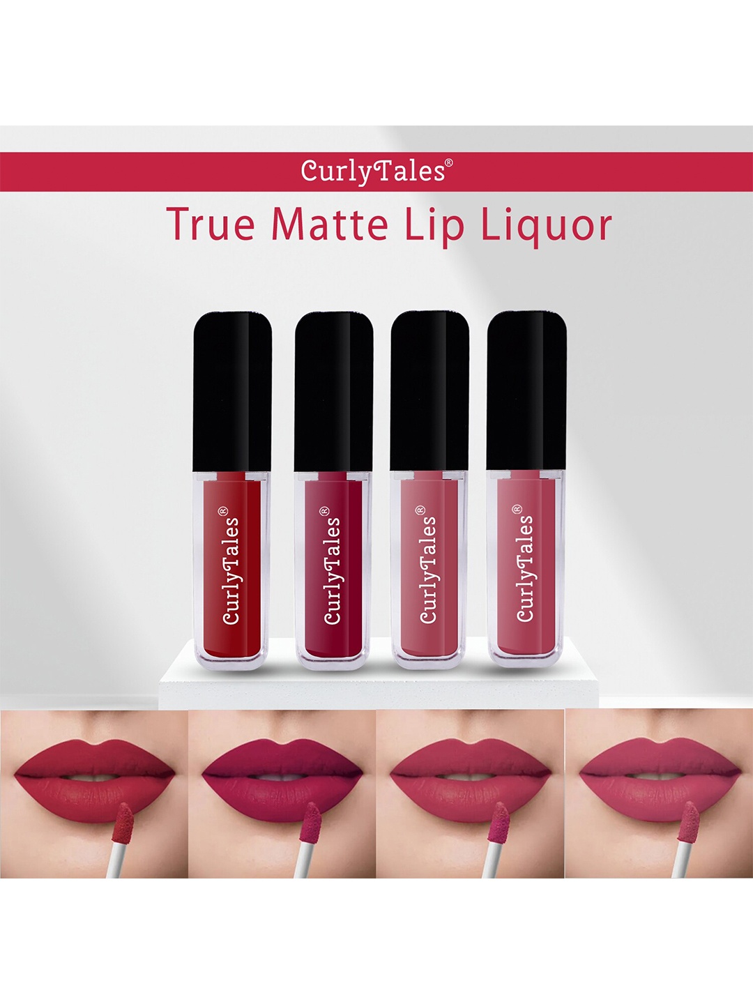 

CurlyTales Set of 4 Lightweight & Waterproof True Matte Liquid Lipsticks 4 ml Each-Red 03 - Cherry Red 07 - Pink Nude 08 - Peach 10, Multi