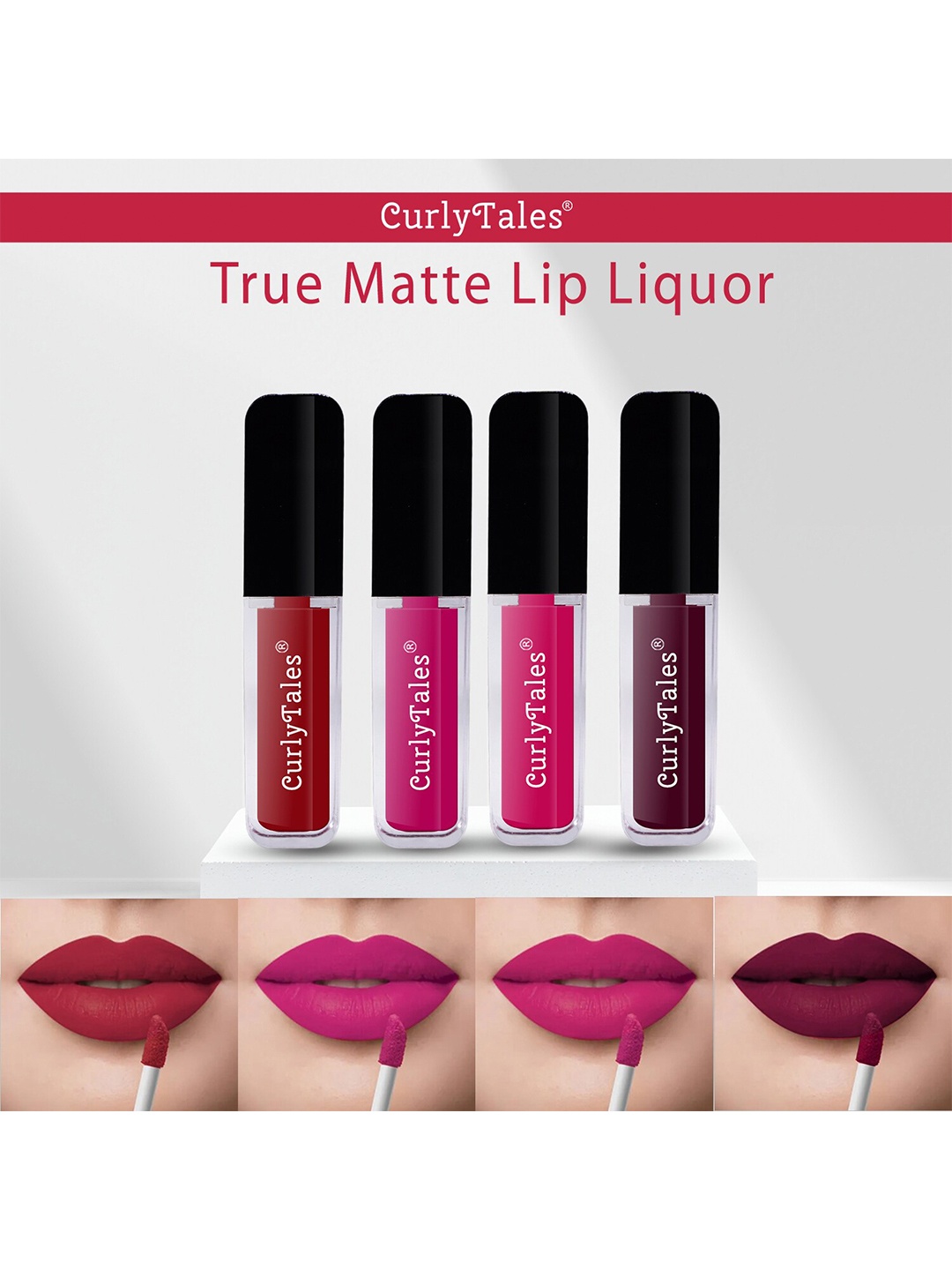 

CurlyTales Set Of 4 Lightweight & Waterproof True Matte Liquid Lipstick 16ml - 03+04+05+15, Pink
