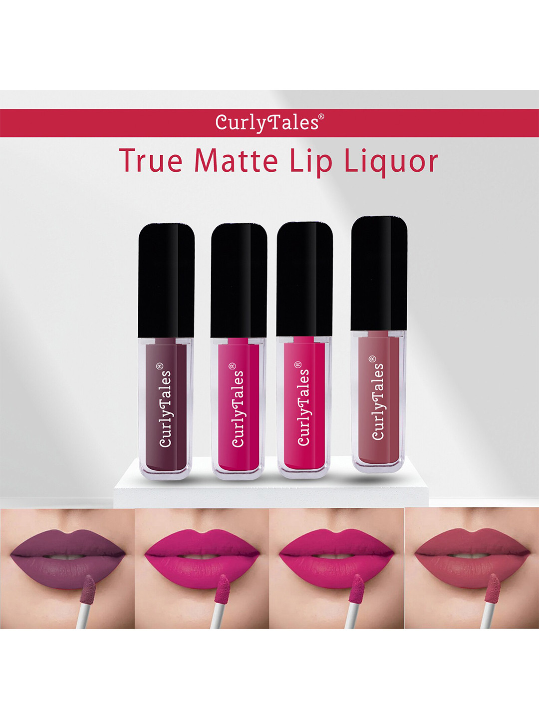 

CurlyTales Set Of 4 Lightweight & Waterproof True Matte Liquid Lipstick 16ml - 01+04+05+09, Nude