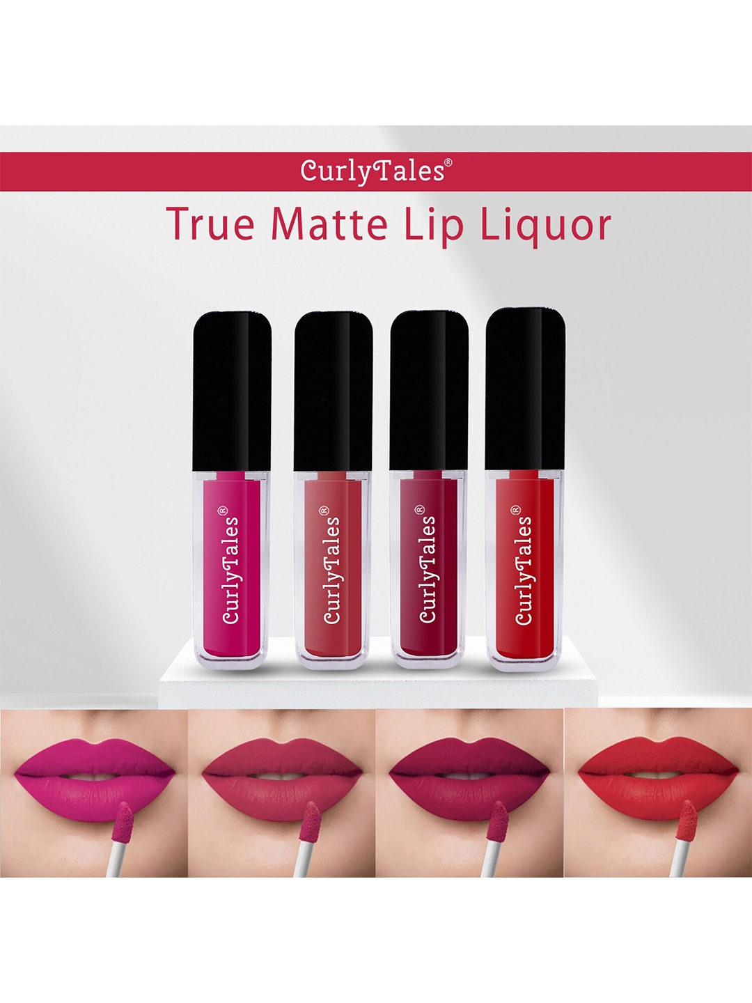 

CurlyTales Set Of 4 Lightweight & Waterproof True Matte Liquid Lipstick 16ml - 04+06+07+11, Red