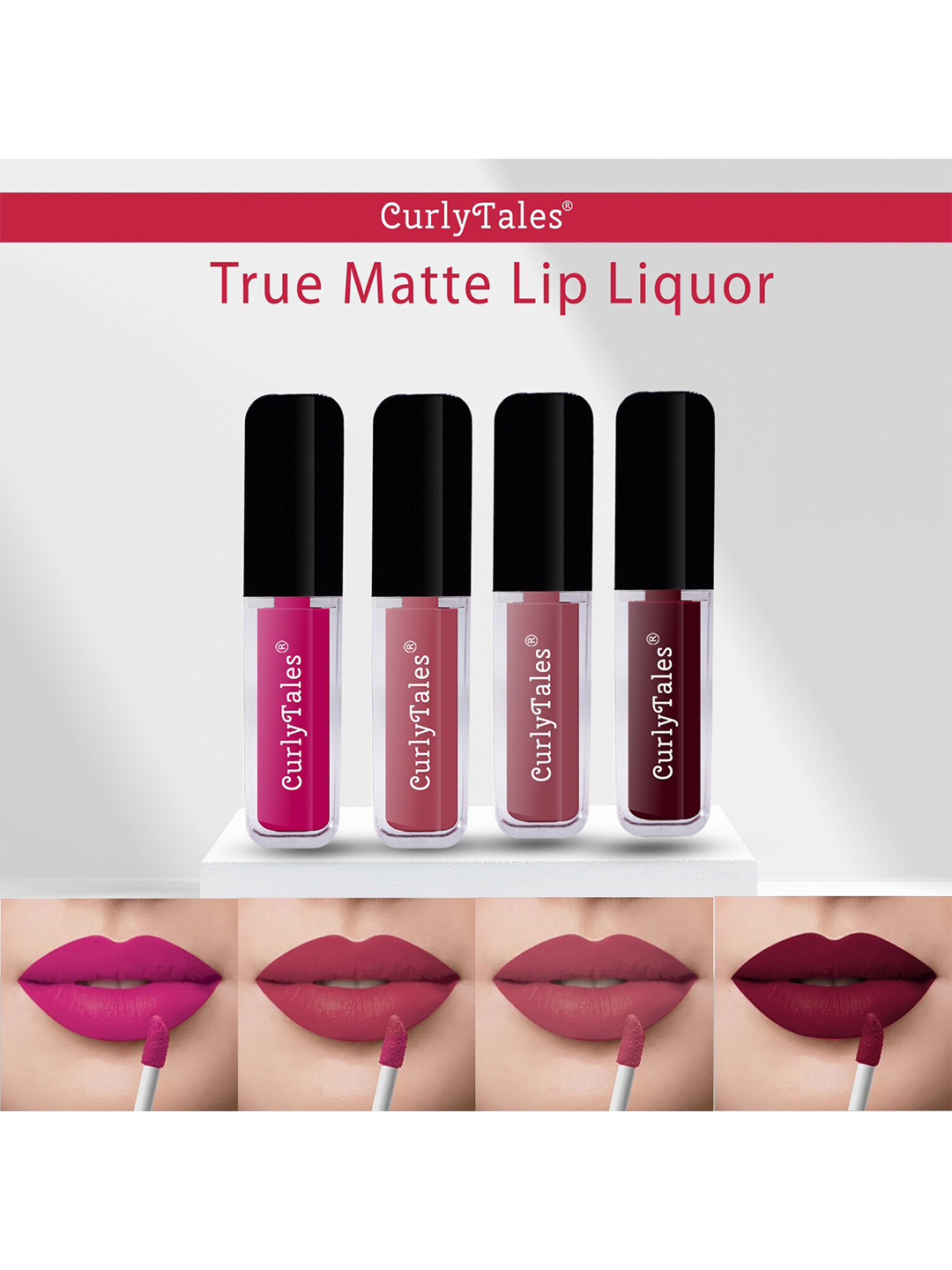 

CurlyTales True Matte Set Of 4 Waterproof & Weightless Long Lasting Liquid Matte Lipstick 4 ml Each, Pink