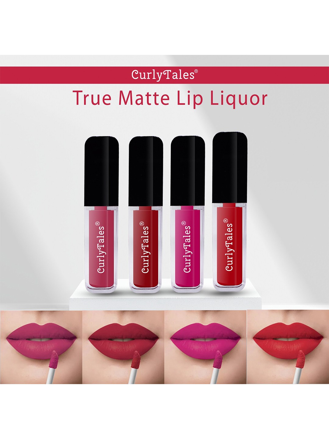 

CurlyTales True Matte Set Of 4 Vegan Paraben Free Smooth Glide Long Lasting Liquid Matte Lipstick 4 ml Each, Red