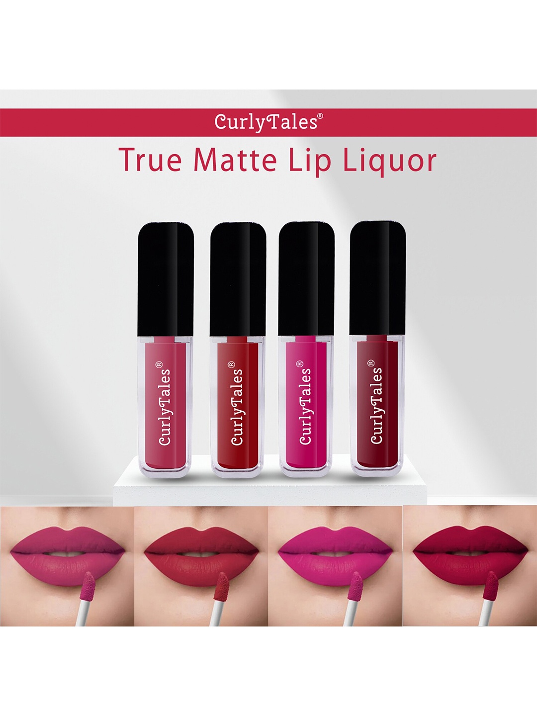 

CurlyTales Set of 4 Lightweight & Waterproof True Matte Liquid Lipsticks 4 ml Each-Peach 02 - Red 03 - Magenta 04 - Maroon 14, Multi