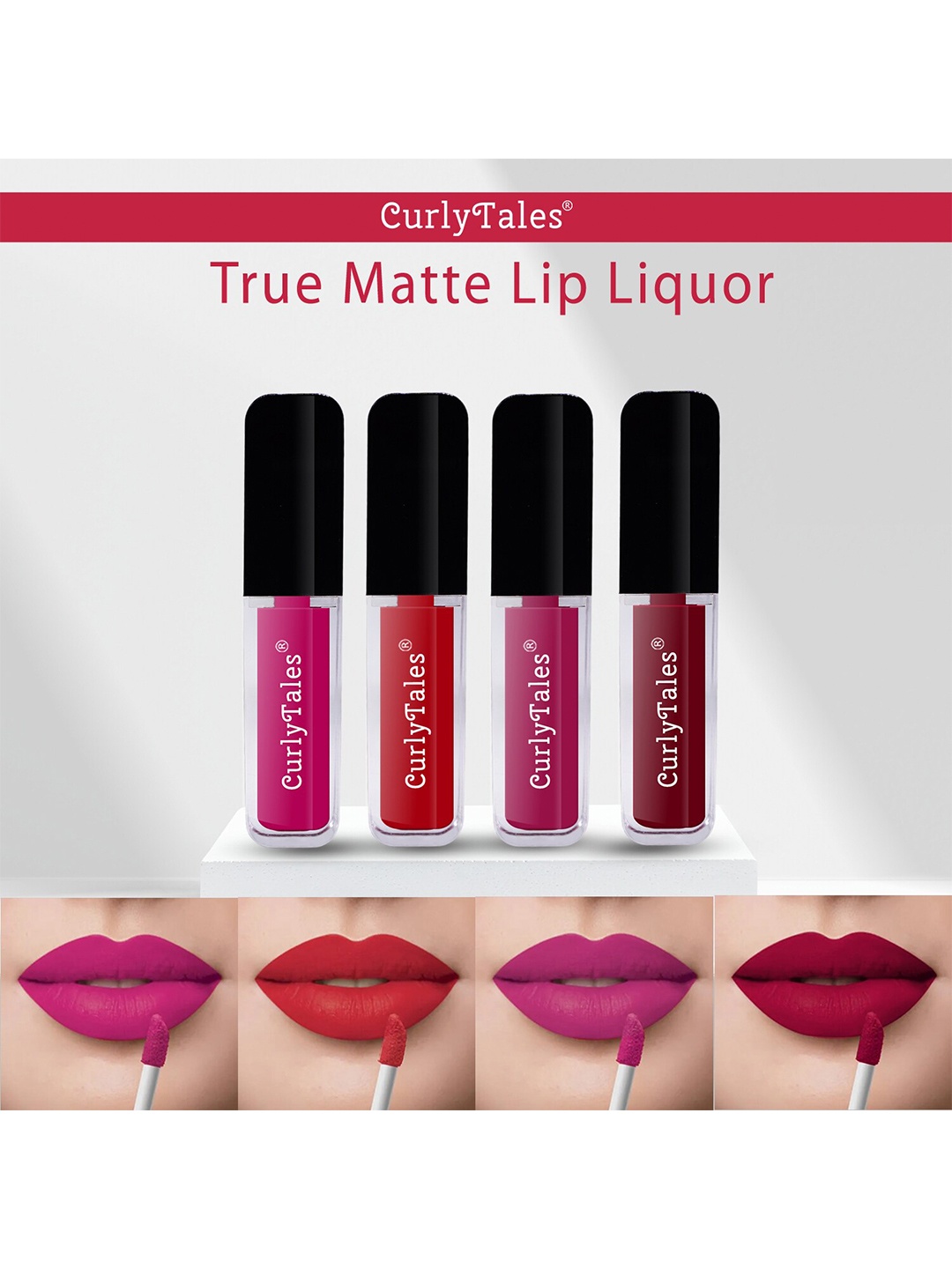 

CurlyTales Set of 4 Lightweight & Waterproof True Matte Liquid Lipsticks 4 ml Each-Magenta 04 - Red 11 - Pink 12 - Maroon 14, Multi