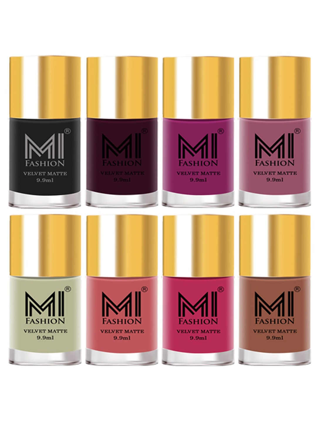 

MI FASHION Set of 8 Velvet Matte Long Lasting Nail Polish 9.9 ml Each-Black 05 - Wine 37 - Plum 38 - Rose 39 - Mint 40 - Peach 41 - Peach 42 - Nude 45, Multi