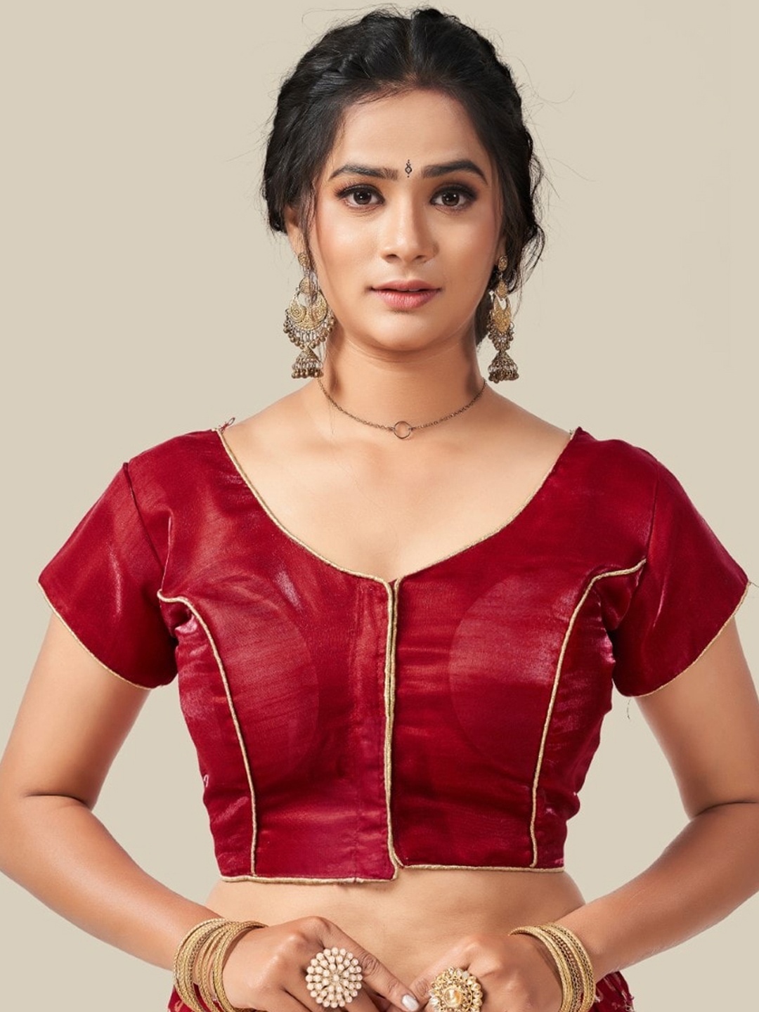 

HIMRISE Brocade Short Sleeves Saree Blouse, Maroon