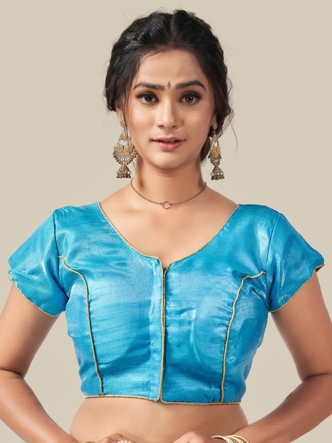 

HIMRISE Short Sleeves Brocade Saree Blouse, Blue