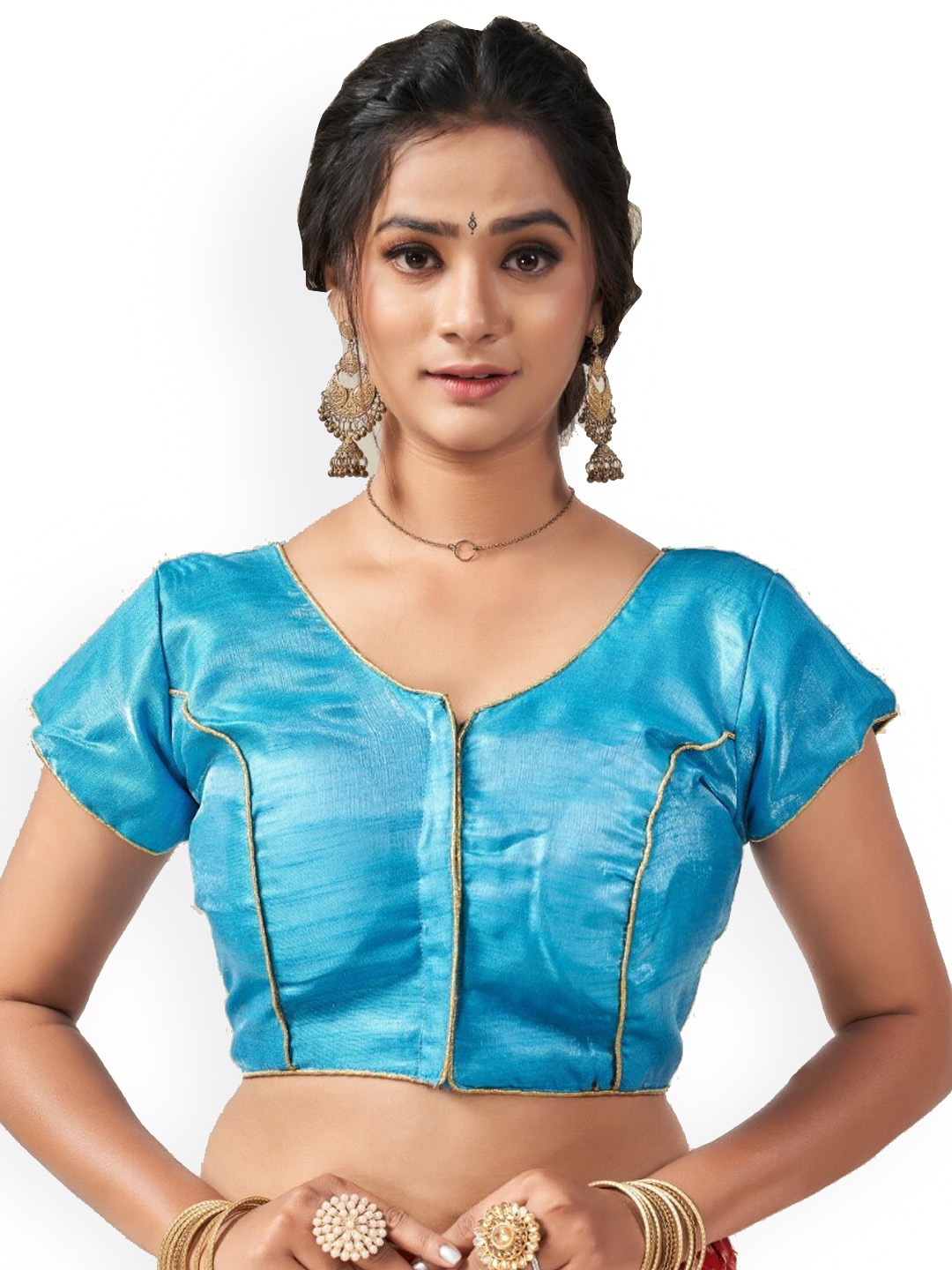 

HIMRISE Woven Design Round Neck Brocade Saree Blouse, Turquoise blue