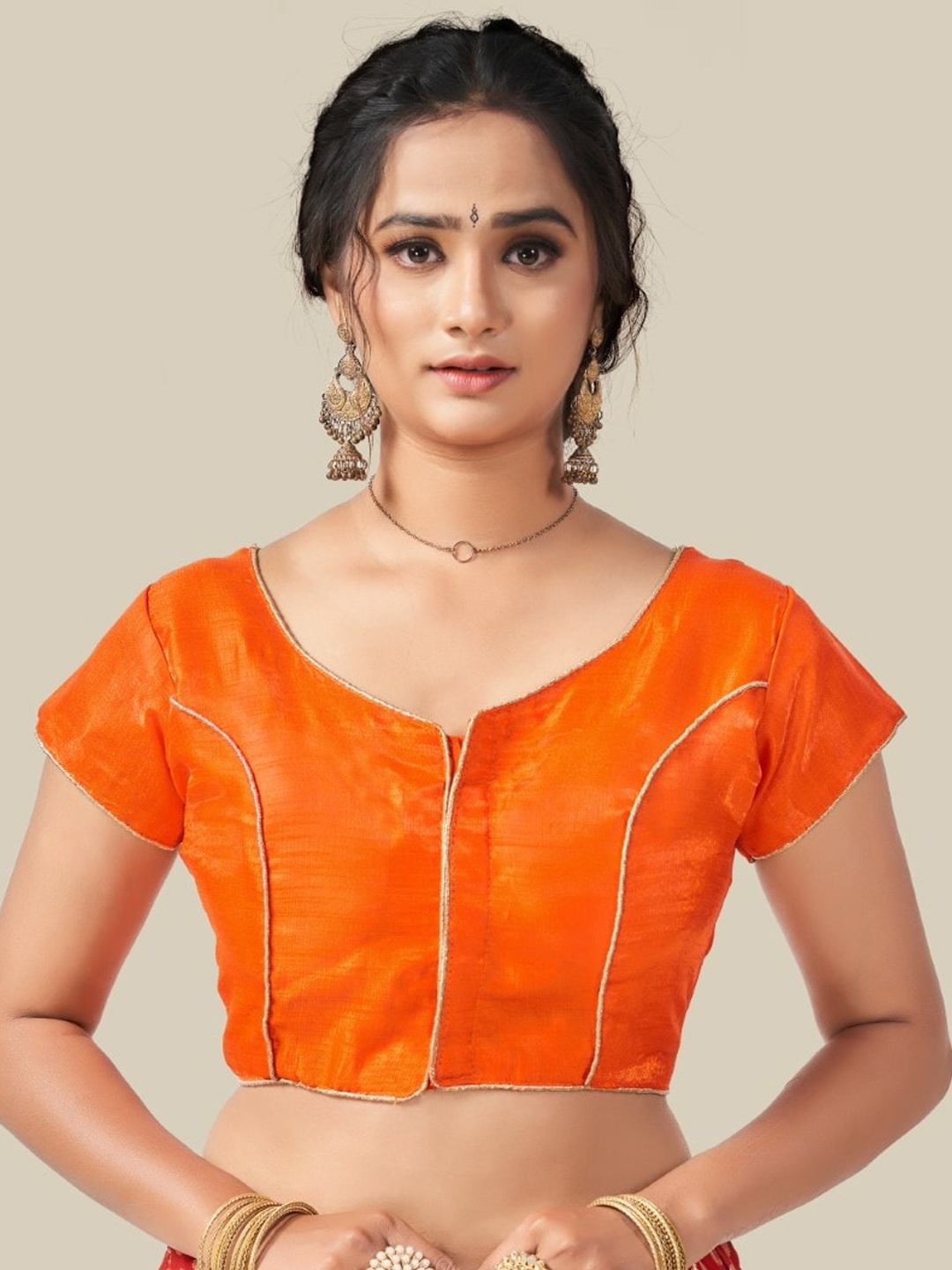 

HIMRISE Woven-Design Brocade Readymade Saree Blouse, Orange