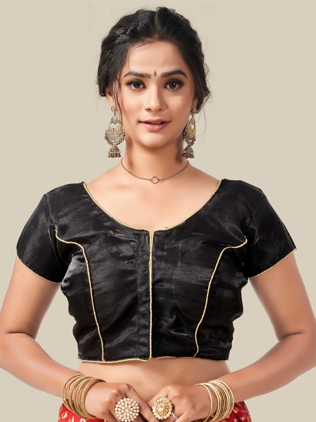 

HIMRISE Brocade Short Sleeves Saree Blouse, Black