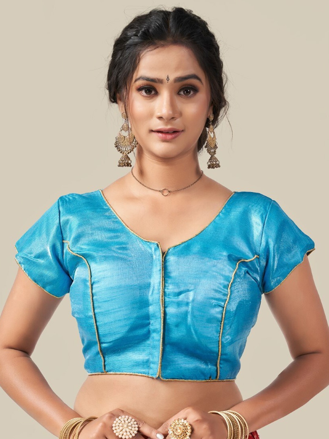 

HIMRISE Woven Design Saree Blouse, Turquoise blue