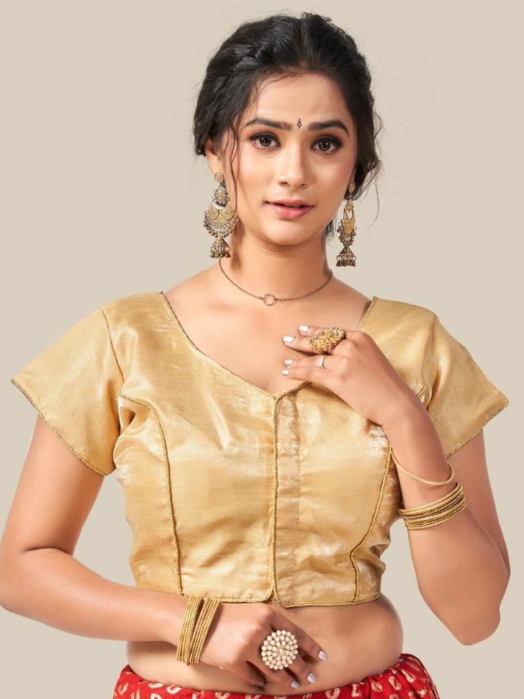 

HIMRISE Woven-Design Brocade Saree Blouse, Gold