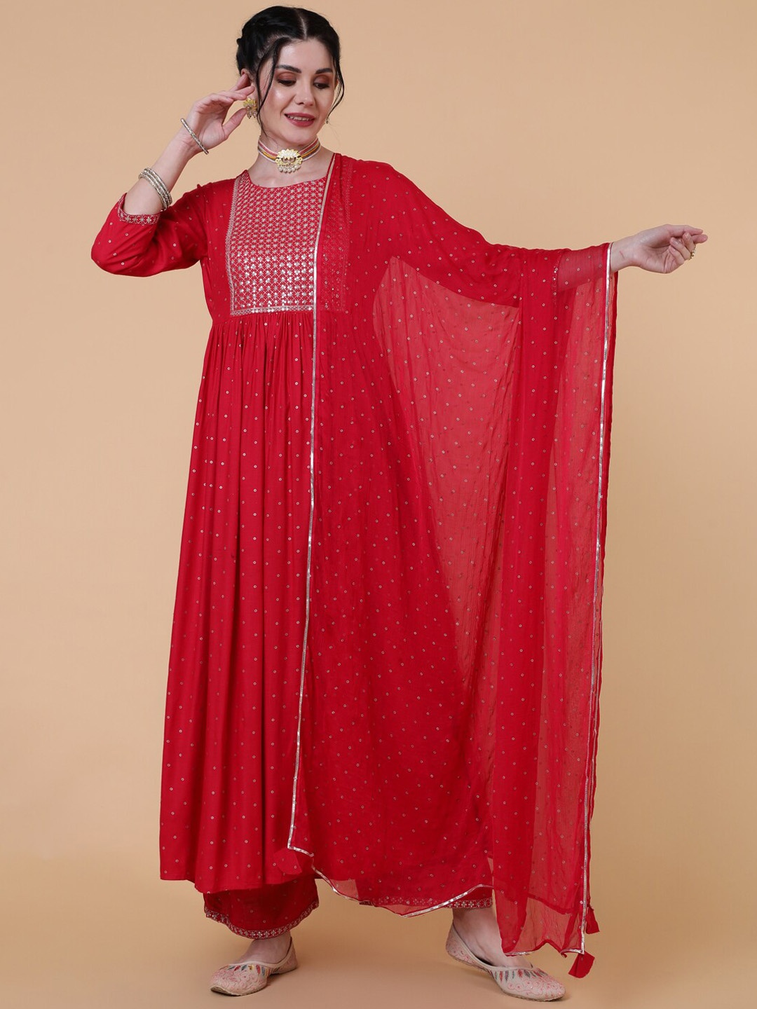 

INDIE CLOSET Women Ethnic Motifs Embroidered Sequinned Kurta with Palazzos & Dupatta, Coral