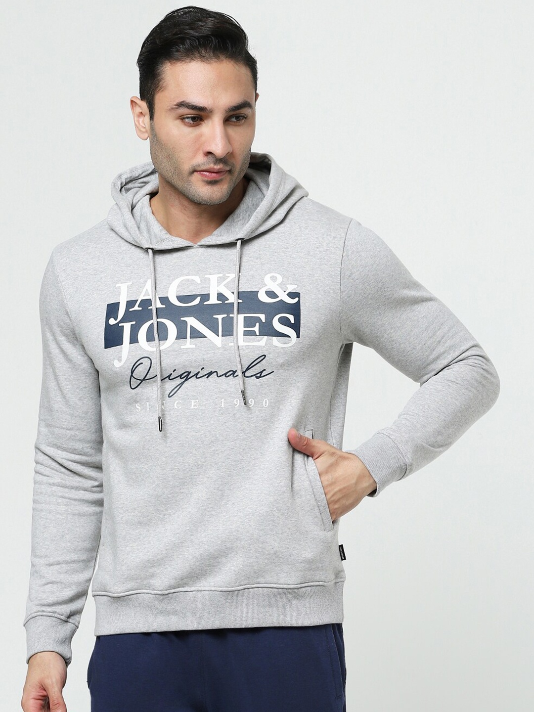 

Jack & Jones Men Printed Hooded Cotton Sweatshirt, Grey
