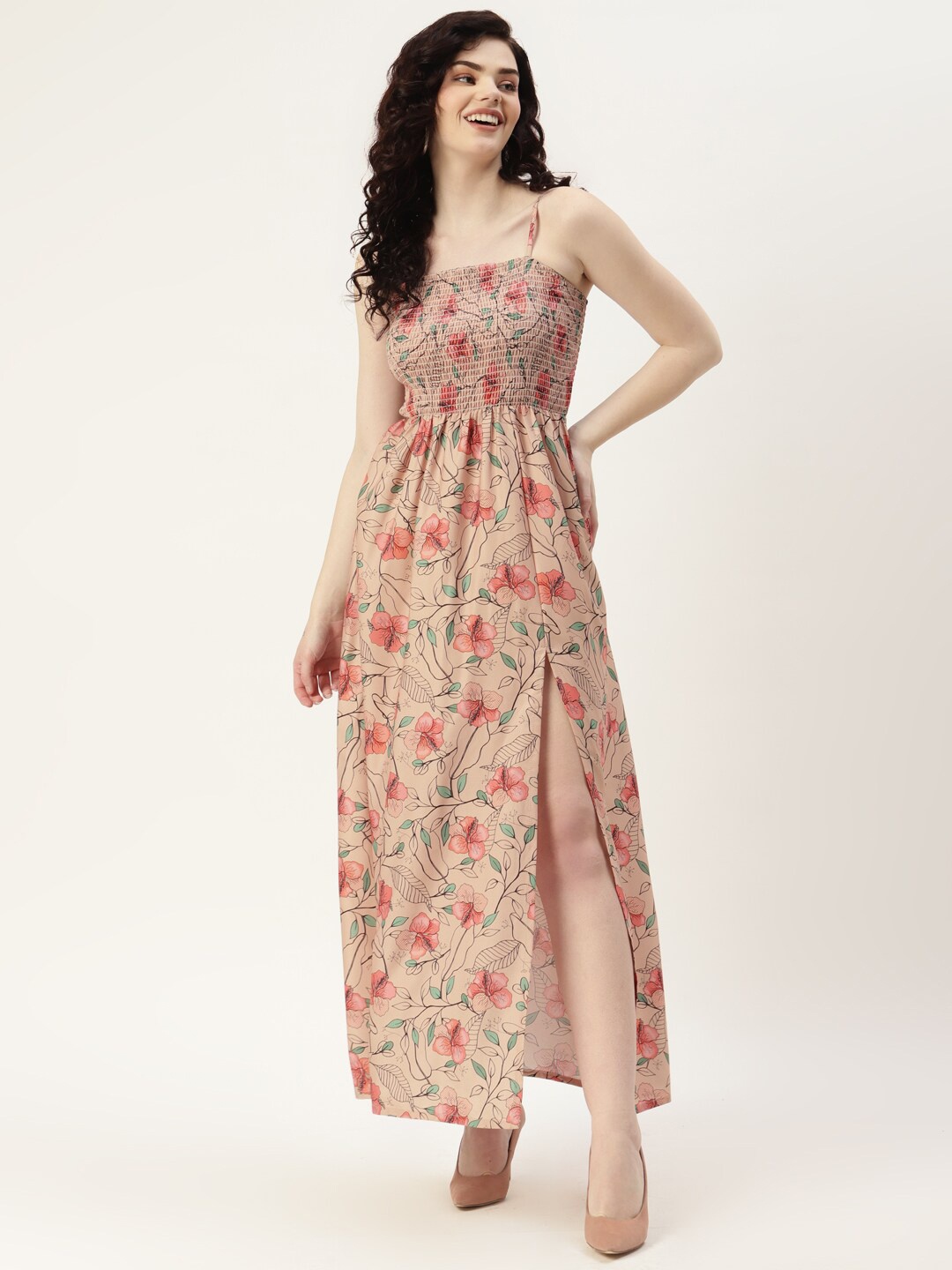 

Sleek Italia Floral Printed Crepe Maxi Dress, Beige