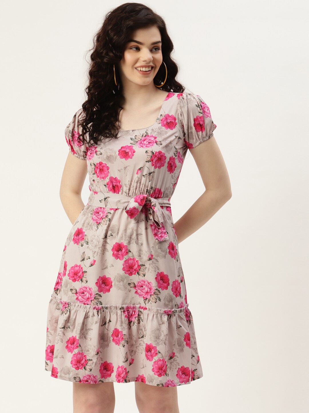 

Sleek Italia Floral Printed Fit & Flare Crepe Dress, Beige
