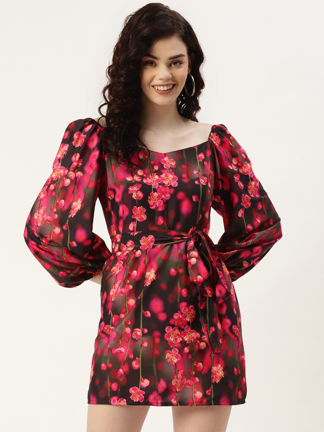 

Sleek Italia Floral Printed Crepe Mini Dress, Black