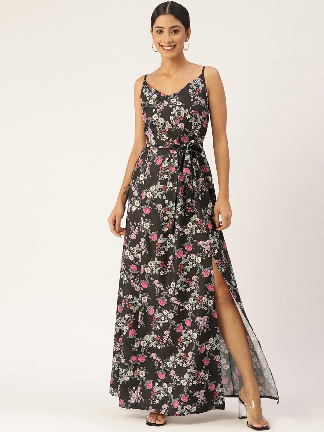 

Sleek Italia Floral Printed Crepe Maxi Dress, Black