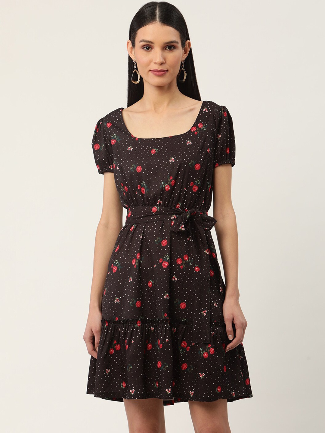 

Sleek Italia Floral Puff Sleeves Crepe Dress, Black