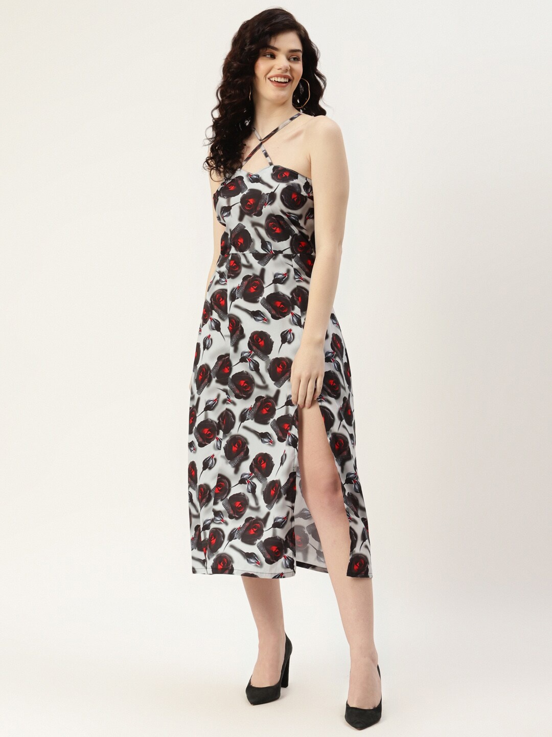 

Sleek Italia Floral Printed Halter Neck Crepe A-Line Midi Dress, Grey