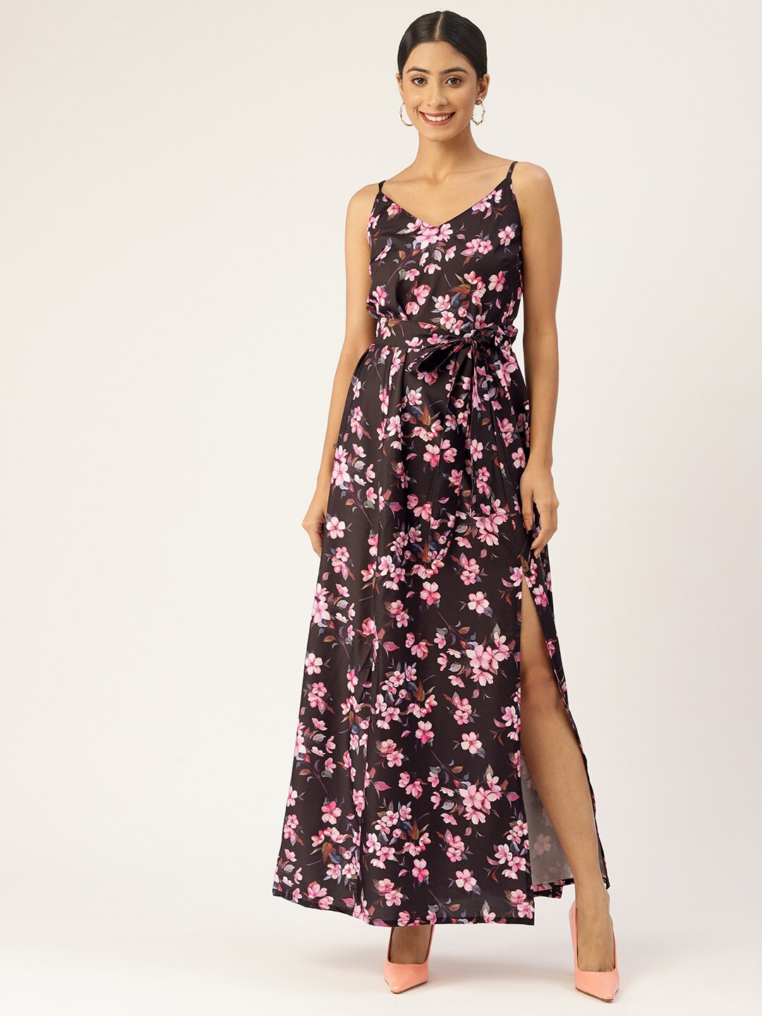

Sleek Italia Floral Printed Crepe Maxi Dress, Black