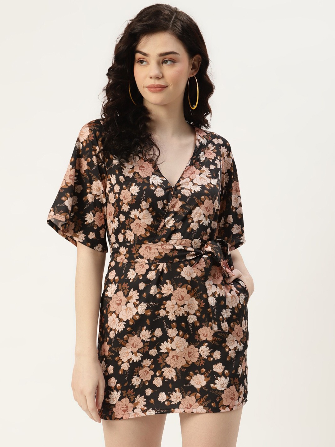 

Sleek Italia Floral Printed Crepe Sheath Mini Dress, Black