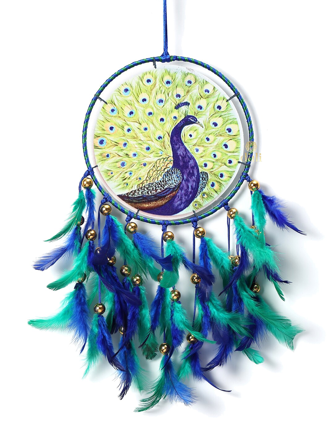 

DULI Blue & Green Peacock Printed Hanging Dream Catcher Windchimes
