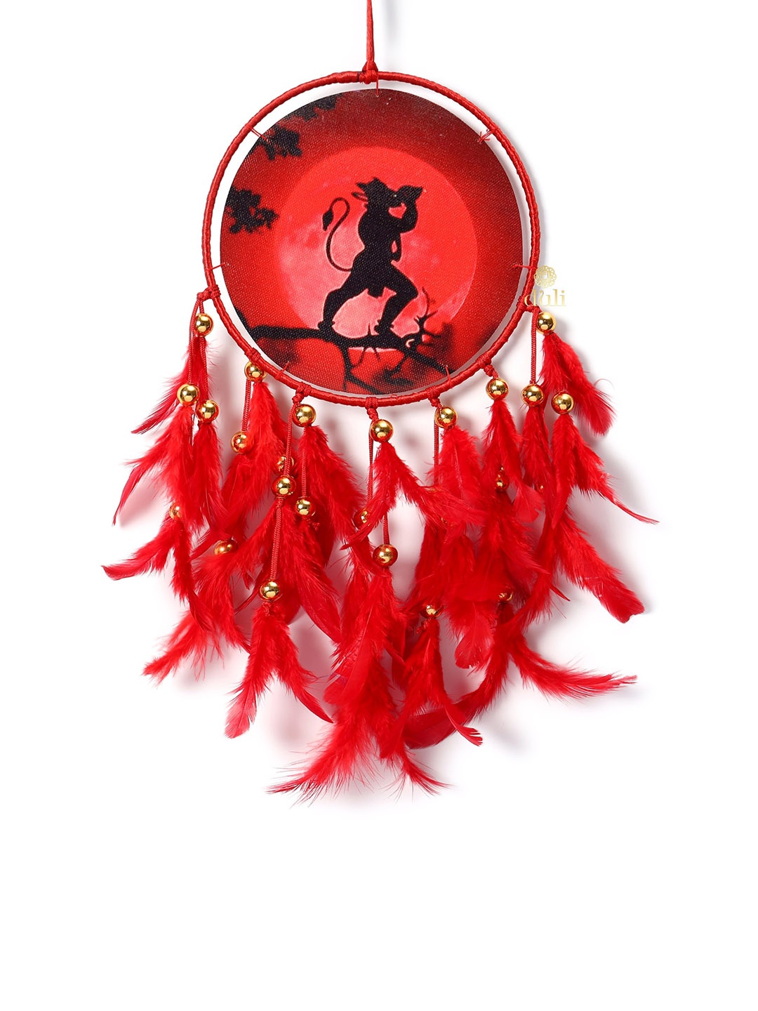 

DULI Red Hanumanji Printed Hanging Dream Catcher with Feathers