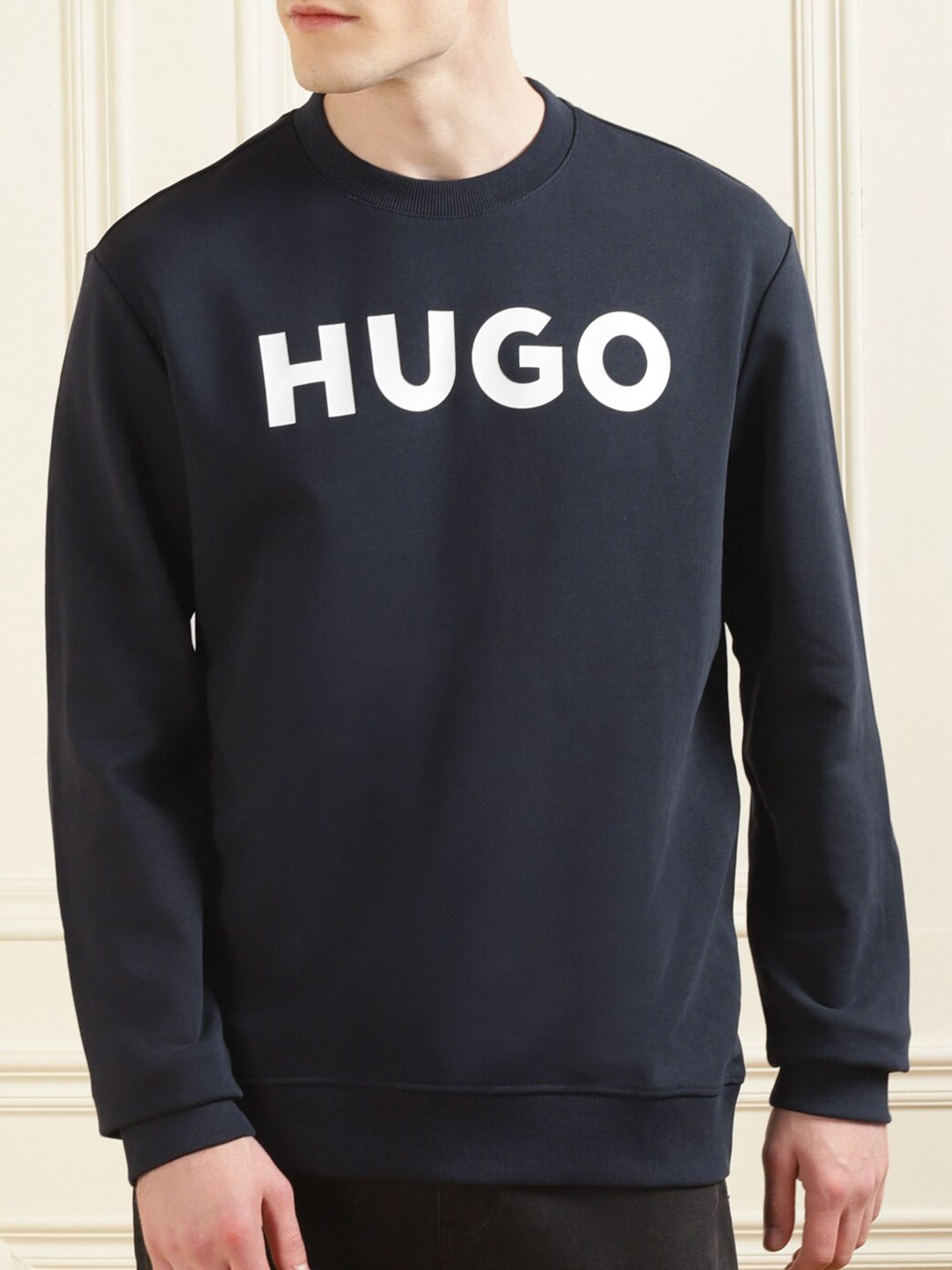 

HUGO Men Typography Printed Pure Cotton Pullover, Navy blue