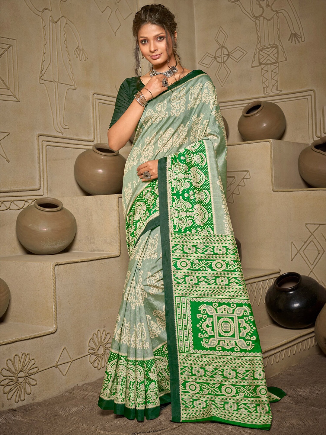 

Saree mall Floral Printed Art Silk Ikat Sarees, Green