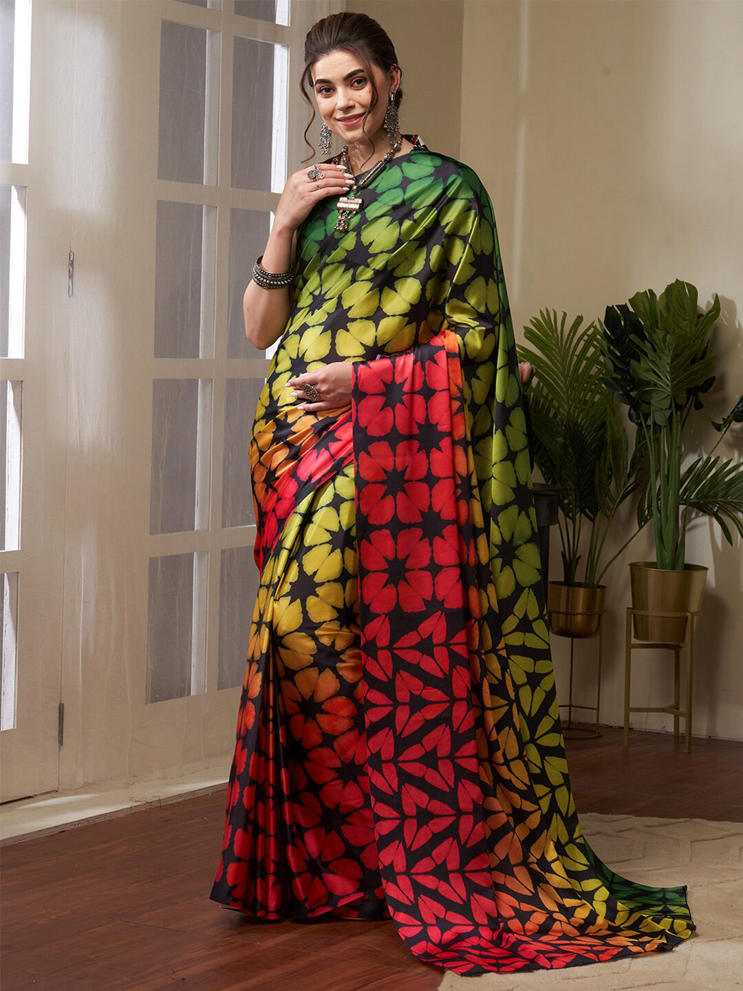 

Saree mall Pure Crepe Block Print Sarees, Olive