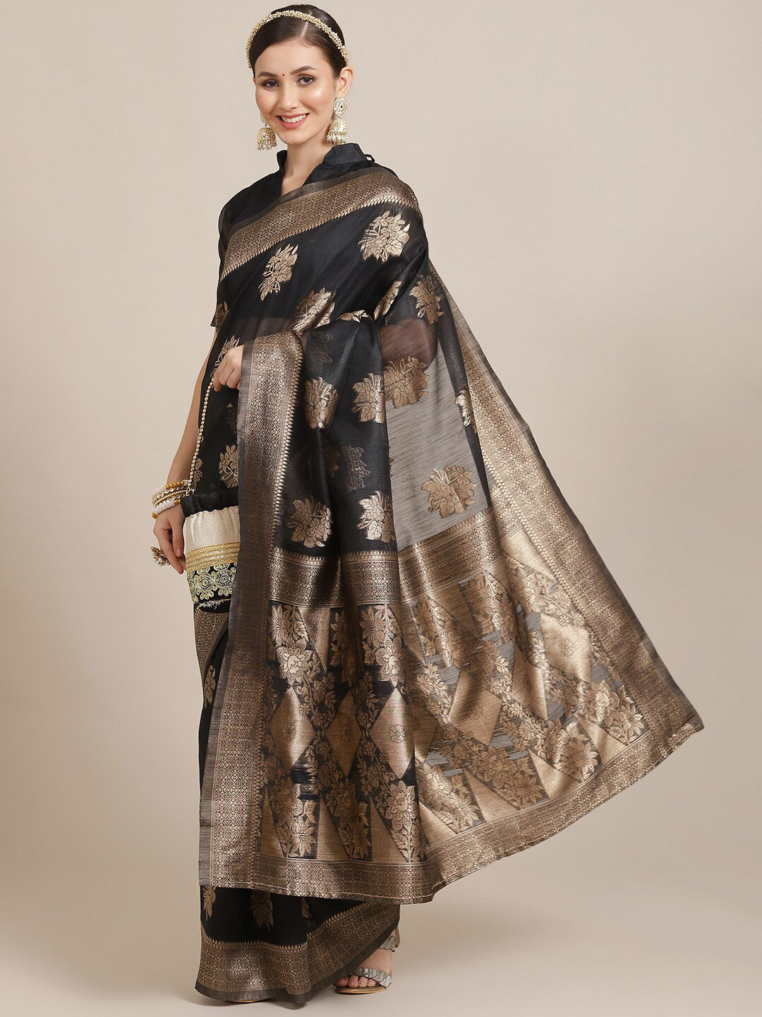 

Saree mall Floral Zari Bagh Traditional Sarees, Black