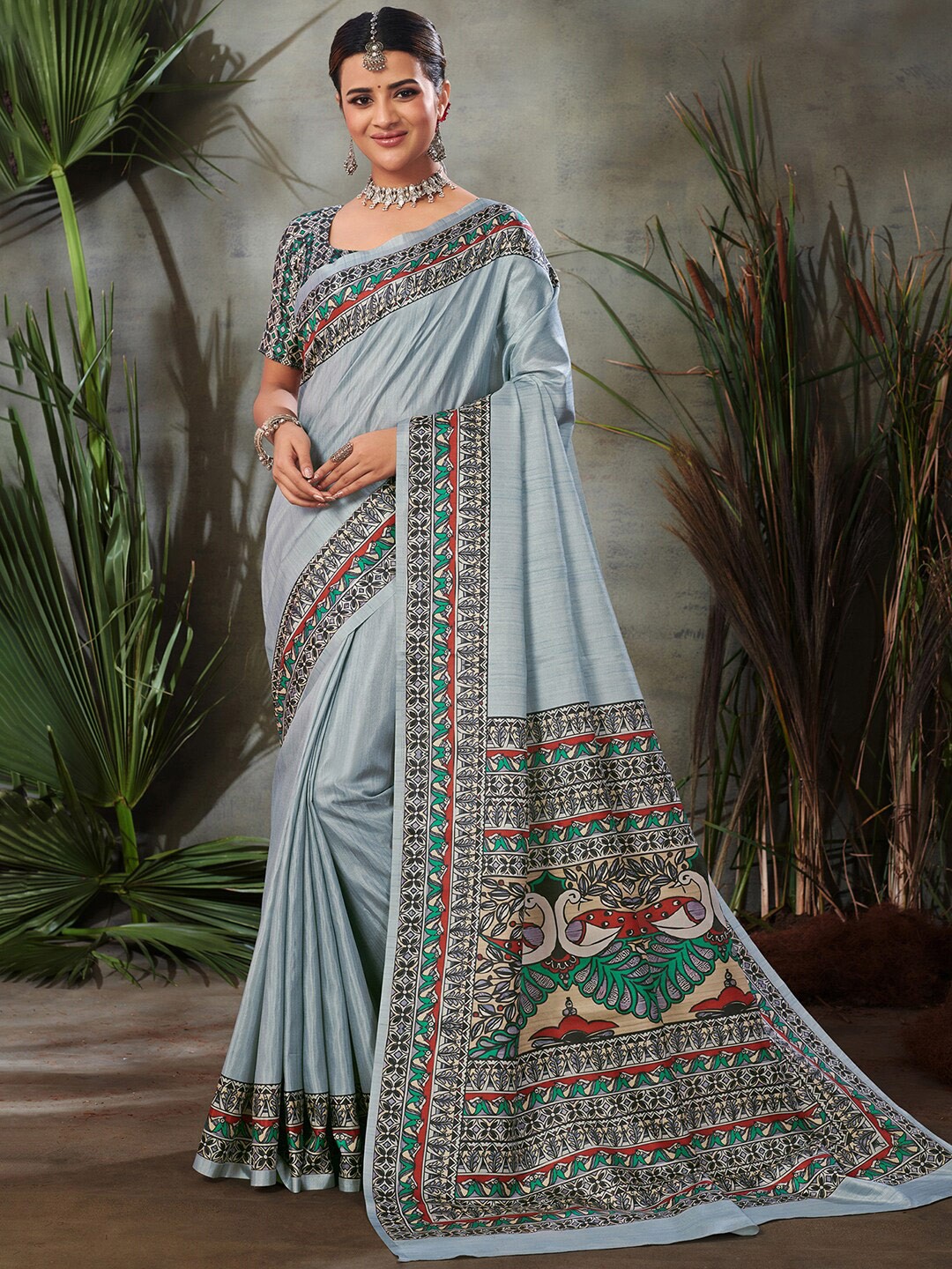 

Saree mall Silk Blend Taant Sarees, Grey